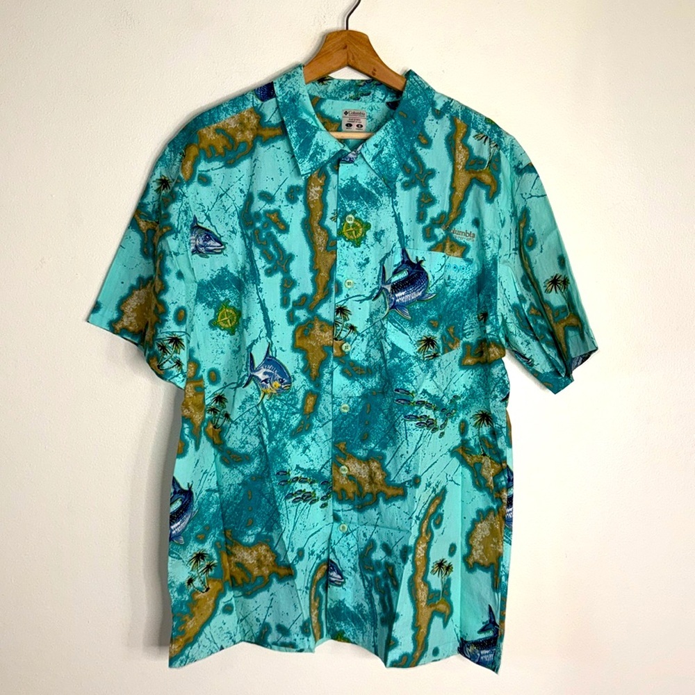 Columbia Men's PFG‎ Nautical Fish Fishing Shirt Large Teal